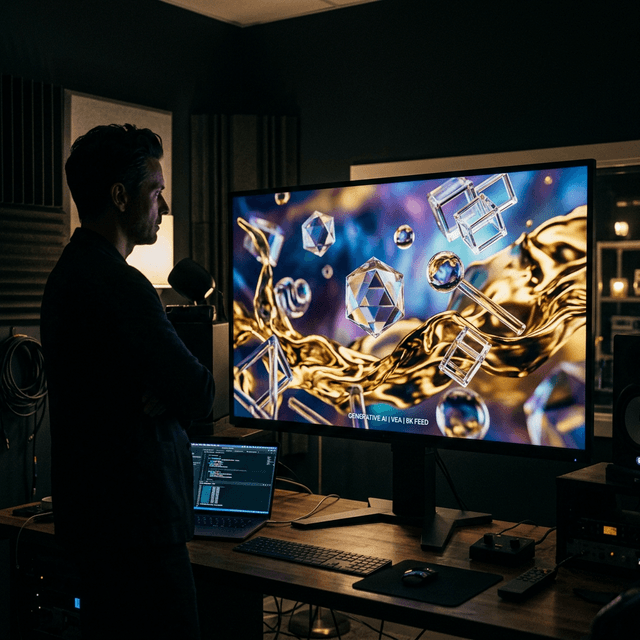 A creative studio displaying a surreal AI-generated video background with liquid gold physics