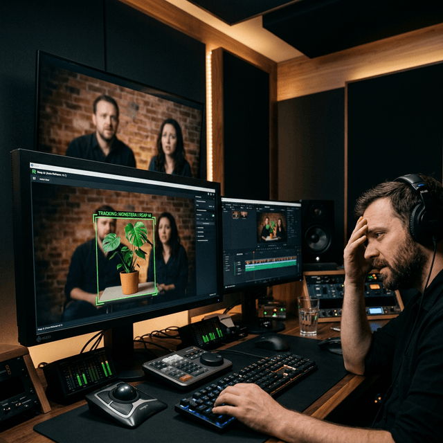 An AI editing tool mistakenly tracking a monstera plant in sharp focus while interview subjects are blurred in the background