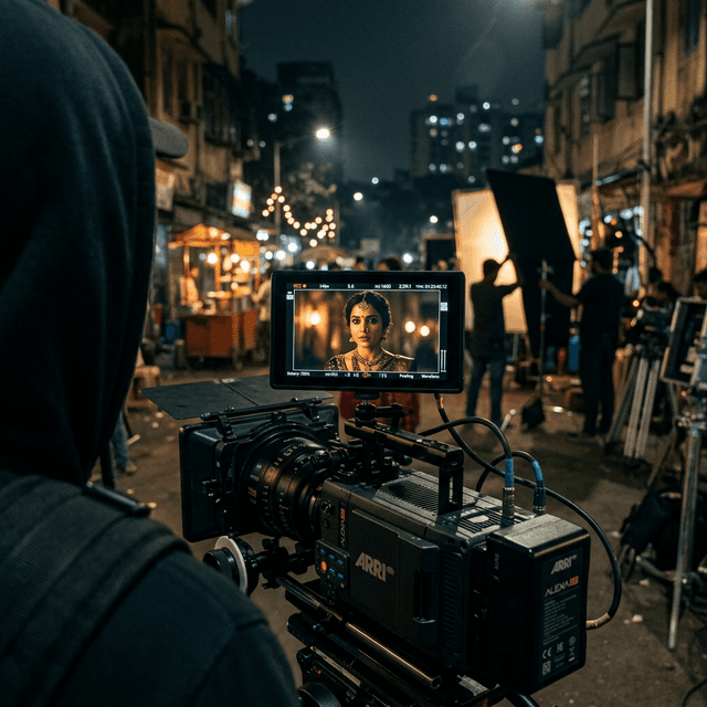 An over-the-shoulder view of a digital cinema camera and director monitor on a moody night set in Mumbai