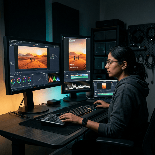 A modern edit bay showing a female video editor working on dual grading monitors displaying 16:9 and 9:16 aspect ratios